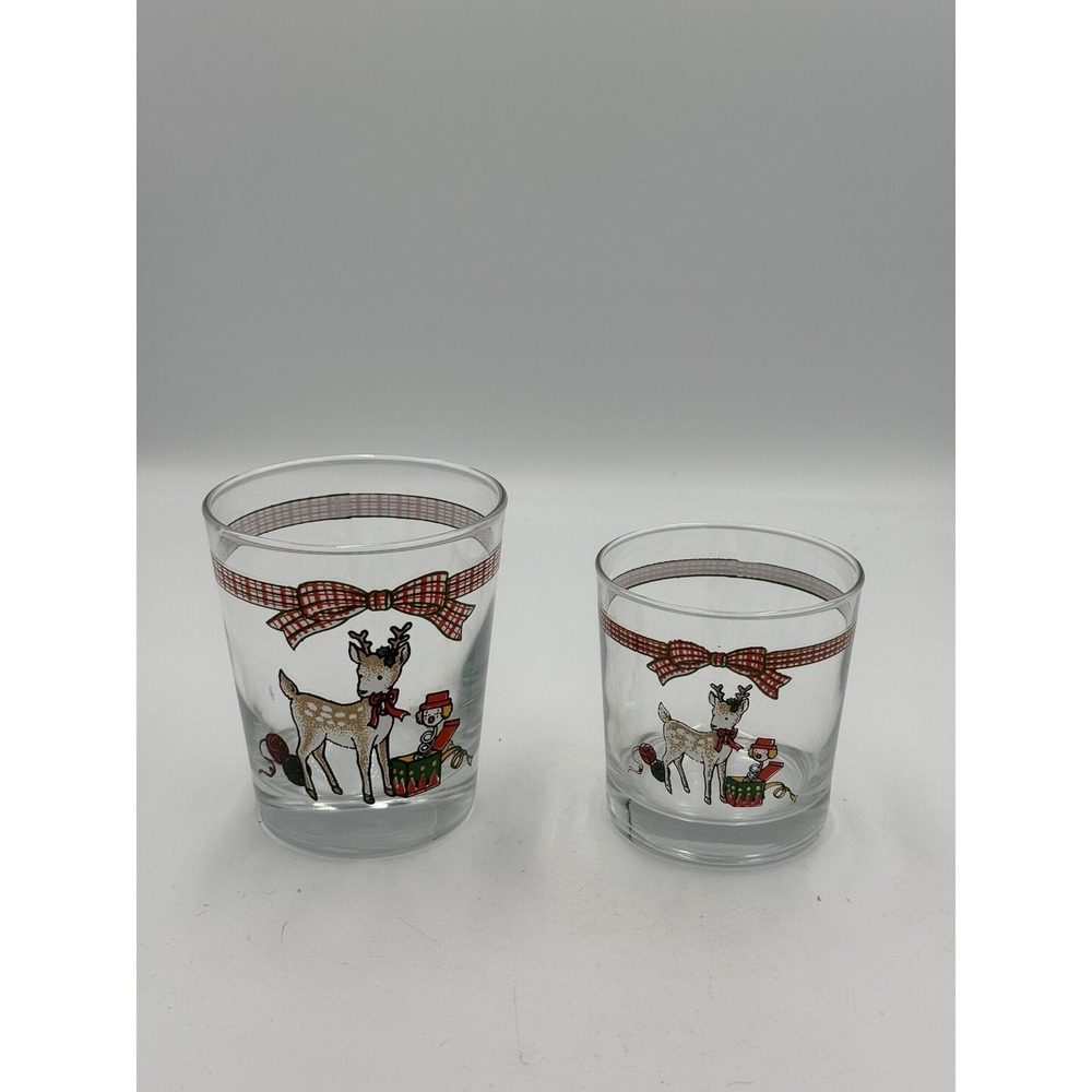 Anchor Hocking Memories Christmas 2 Reindeer Glasses Plaid Big & Small